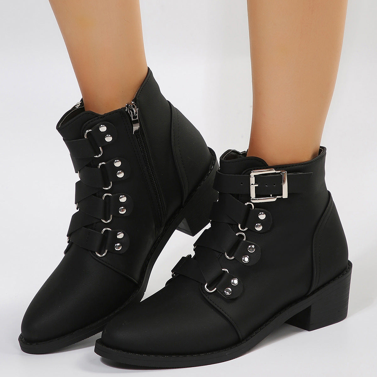 Elegant Women Ankle Boots With Side Zipper And Belt Buckle Winter Knight Boot Black Size36