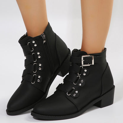 Elegant Women Ankle Boots With Side Zipper And Belt Buckle Winter Knight Boot Black Size38