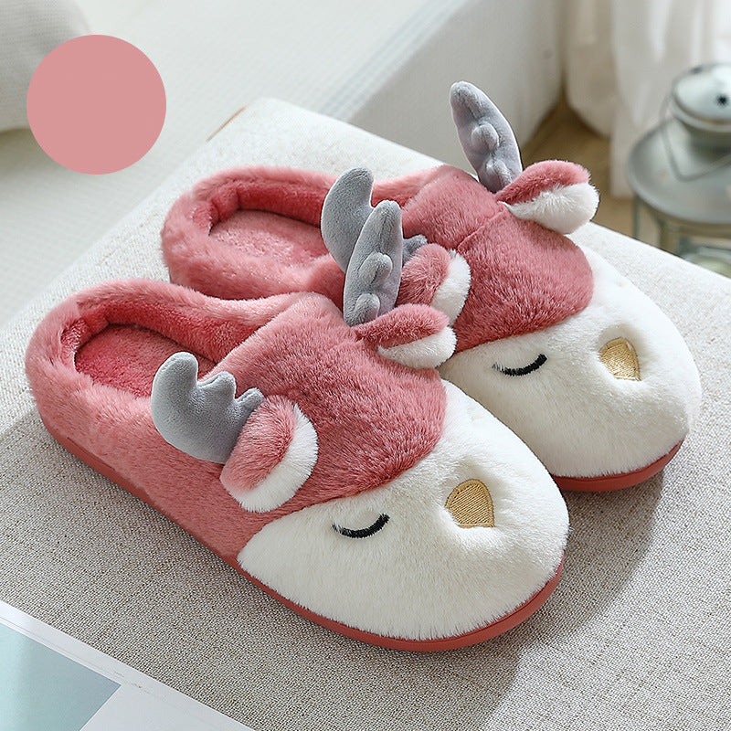 Warm Comfy Winter Home Slippers Elk Plush Bedroom Slipper Unisex Women Men Leather red mop 36to37