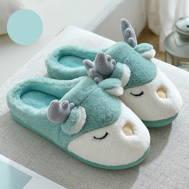 Warm Comfy Winter Home Slippers Elk Plush Bedroom Slipper Unisex Women Men Light green mop 36to37