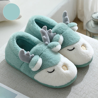 Warm Comfy Winter Home Slippers Elk Plush Bedroom Slipper Unisex Women Men Light green 36to37