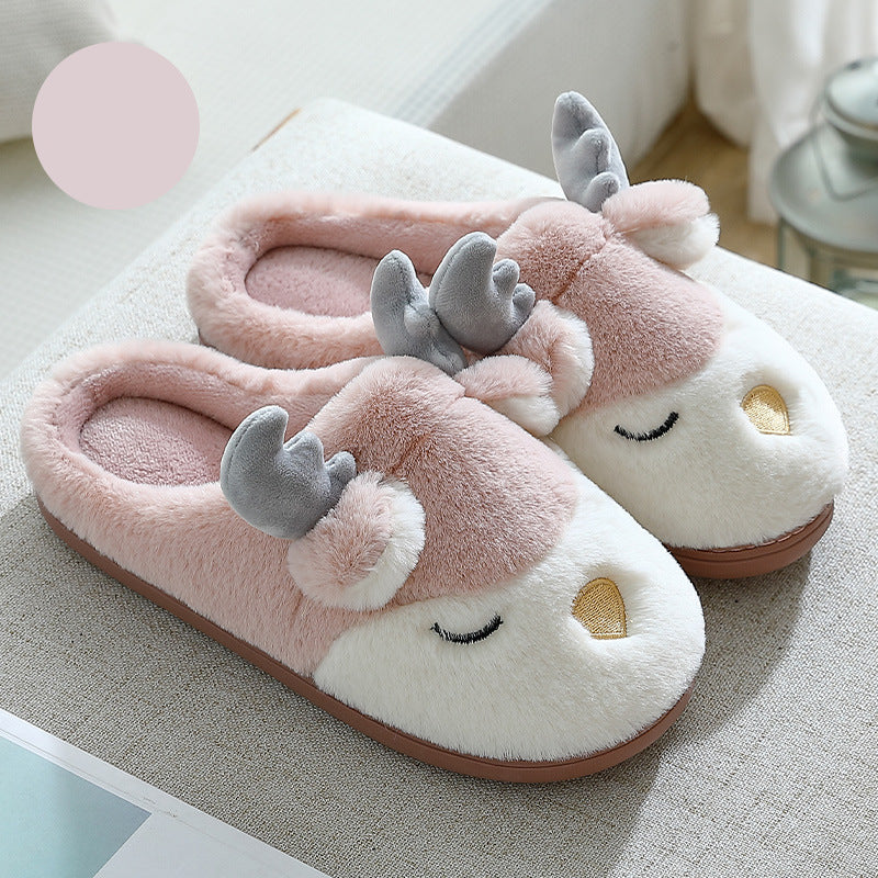 Warm Comfy Winter Home Slippers Elk Plush Bedroom Slipper Unisex Women Men Pink mop 36to37