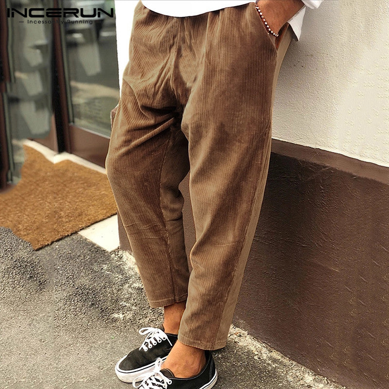 Cute Men's Winter Corduroy Streetwear Joggers Pants Coffee 3XL