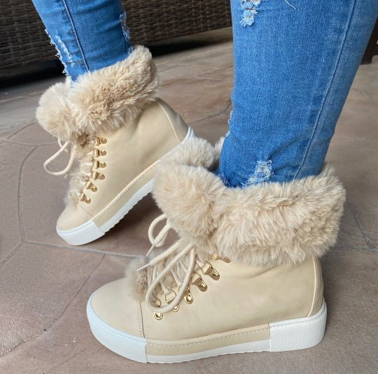 Elegant Women's Girl's Lace-up Boots Cute Thick Sole Winter Keep Warm Plush Lined Furry Ankle Boots Beige Size35