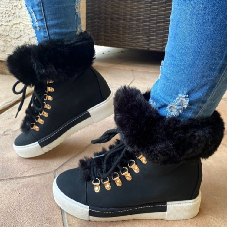 Elegant Women's Girl's Lace-up Boots Cute Thick Sole Winter Keep Warm Plush Lined Furry Ankle Boots Black Size35