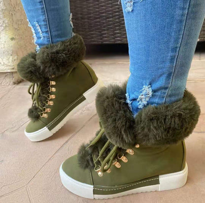 Elegant Women's Girl's Lace-up Boots Cute Thick Sole Winter Keep Warm Plush Lined Furry Ankle Boots Green Size35