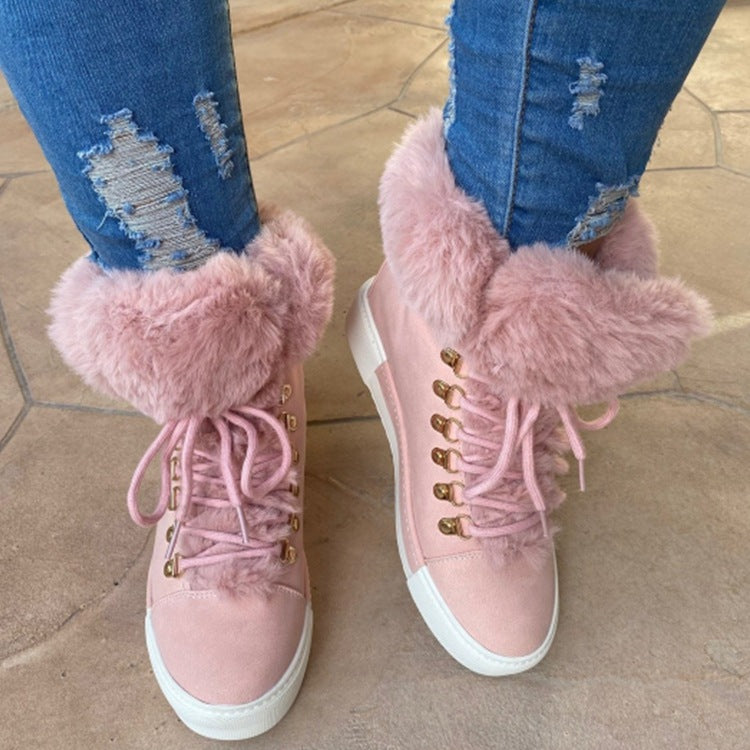 Elegant Women's Girl's Lace-up Boots Cute Thick Sole Winter Keep Warm Plush Lined Furry Ankle Boots Pink Size35