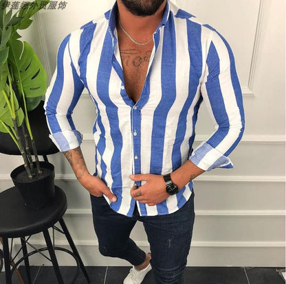 Elegant Casual Urban Men's Striped Shirt Blue L