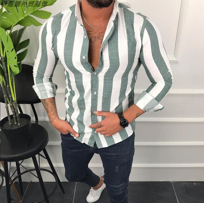 Elegant Casual Urban Men's Striped Shirt Green L