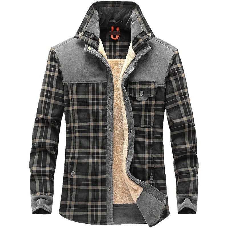 Men's Thicken Warm Fleece Jackets Coats Pure Cotton Plaid Jacket Grey 48 M