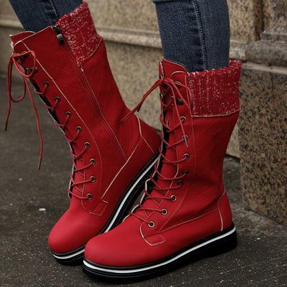 Elegant Women's Long Boots Women Flat Heels Round Toe Denim Cowboy Boots Red Size36