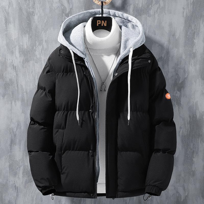 Cute Men Winter Windproof Solid Leisure Sports Cotton Thickened Two-piece CoatJacket Black 3XL