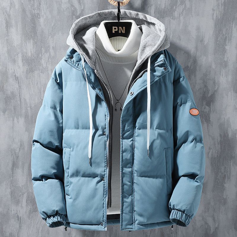 Cute Men Winter Windproof Solid Leisure Sports Cotton Thickened Two-piece CoatJacket Blue 2XL