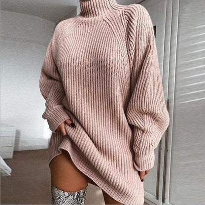 Elegant Women's Winter Turtleneck Sweater Knitted Dress Pink L