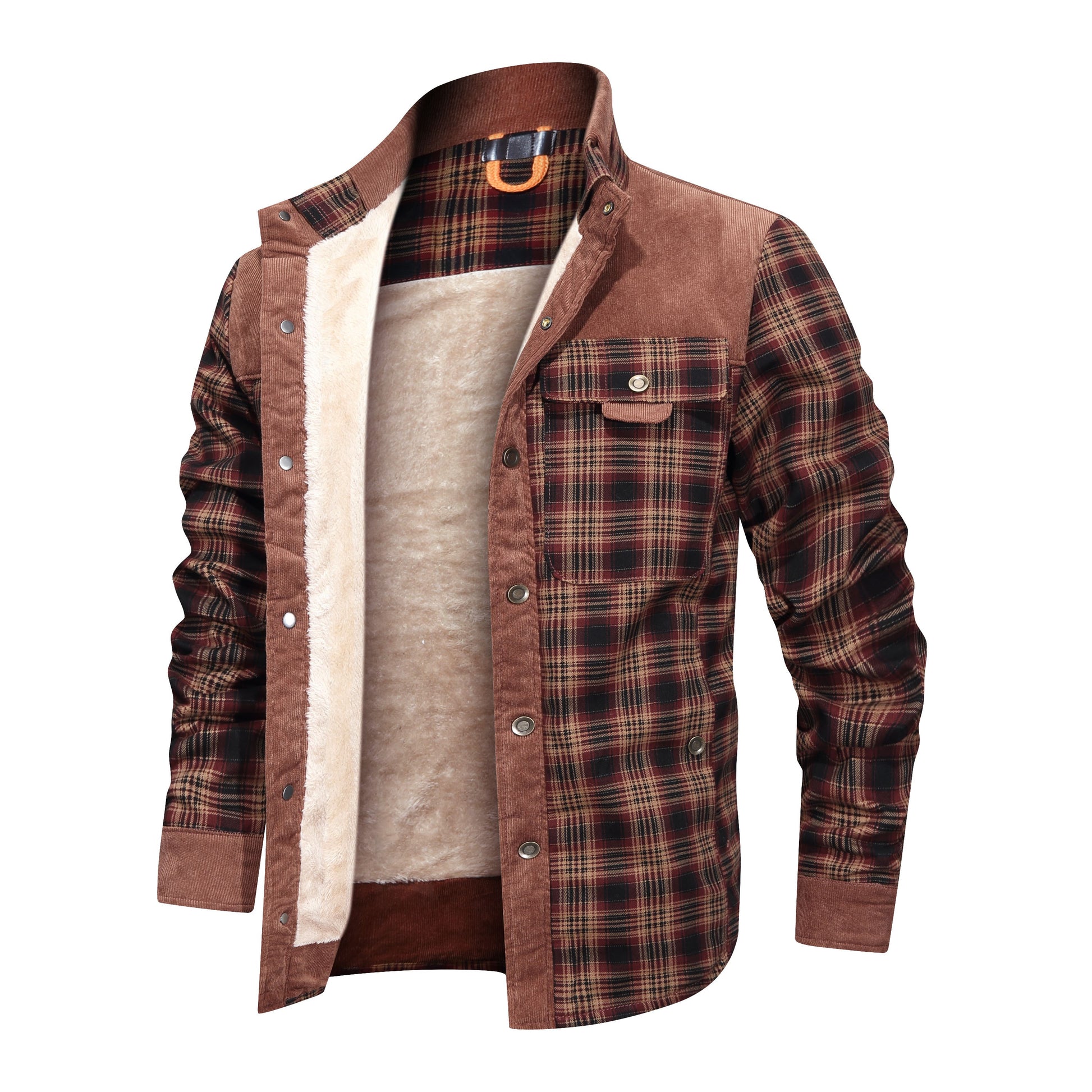 Men's Thickened Shirt Jacket With Classic Plaid Fuzzy Fleece Lining Inside Design Dark Brown L