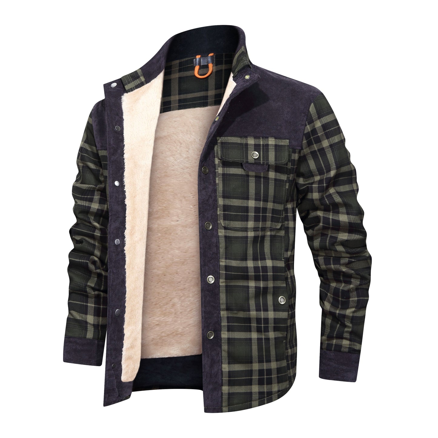 Men's Thickened Shirt Jacket With Classic Plaid Fuzzy Fleece Lining Inside Design Dark Green M