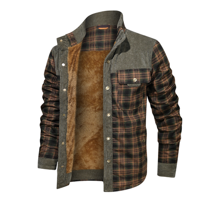 Men's Thickened Shirt Jacket With Classic Plaid Fuzzy Fleece Lining Inside Design Light Army Green L