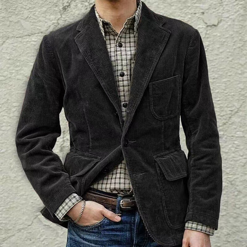 Men's Corduroy Jacket Winter Solid Color Casual Blazer Fashion Warm Coat Black M