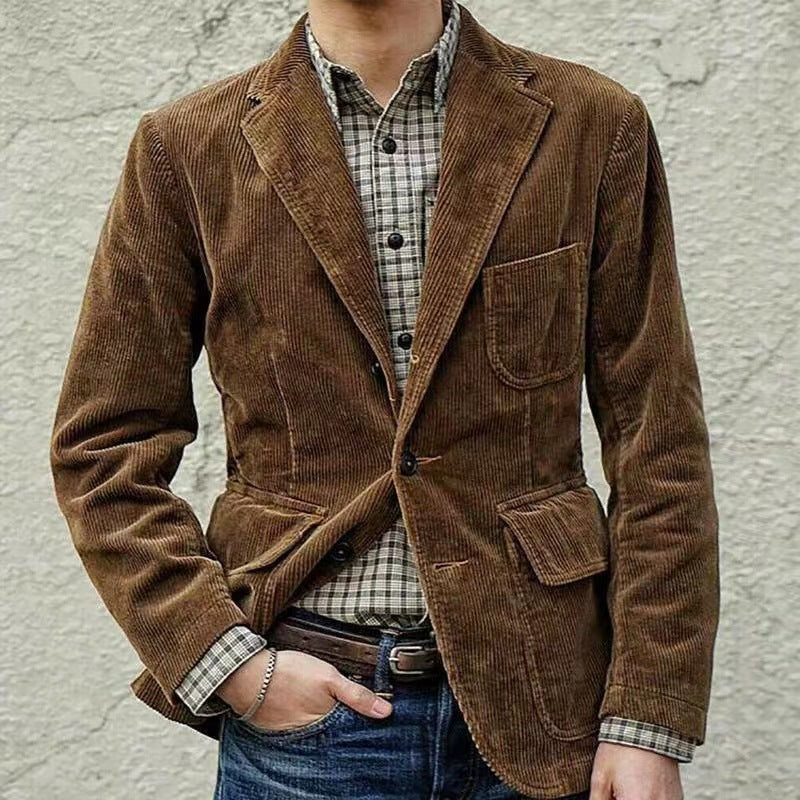 Men's Corduroy Jacket Winter Solid Color Casual Blazer Fashion Warm Coat Brown XXXL