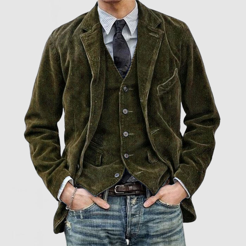 Men's Corduroy Jacket Winter Solid Color Casual Blazer Fashion Warm Coat Army Green S