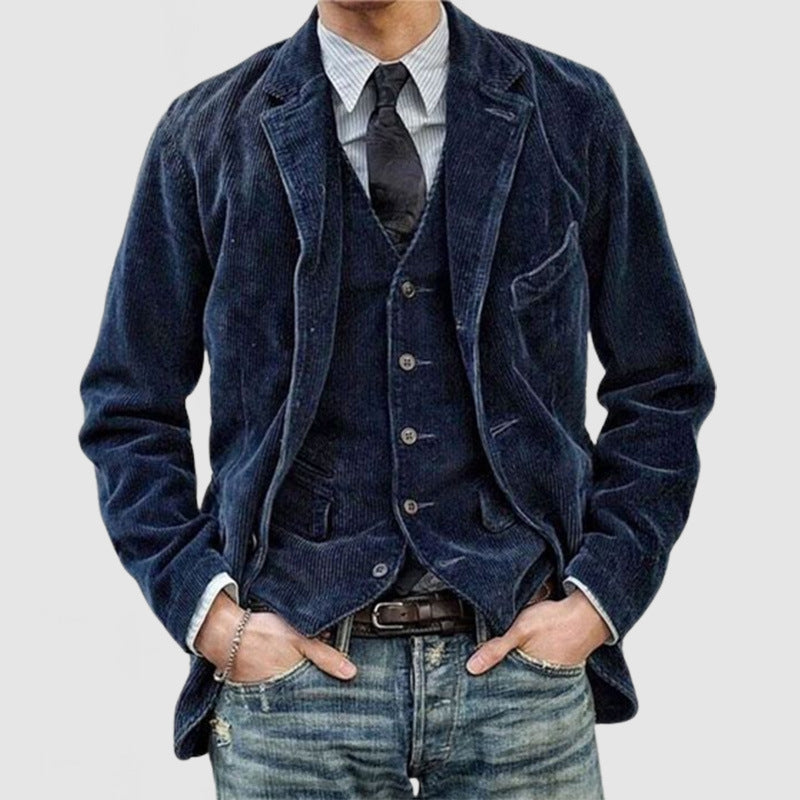 Men's Corduroy Jacket Winter Solid Color Casual Blazer Fashion Warm Coat Dark Blue S