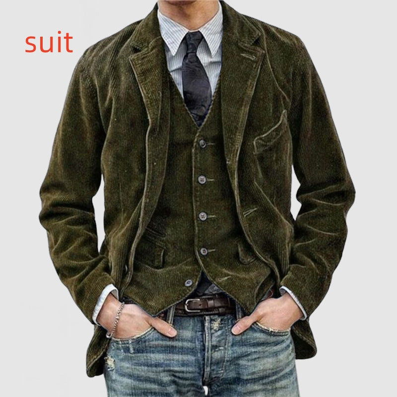 Men's Corduroy Jacket Winter Solid Color Casual Blazer Fashion Warm Coat Army Green suit L