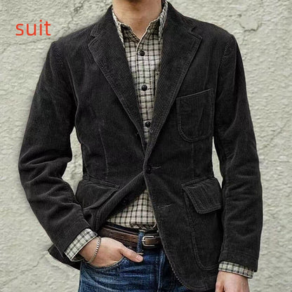 Men's Corduroy Jacket Winter Solid Color Casual Blazer Fashion Warm Coat Black suit L