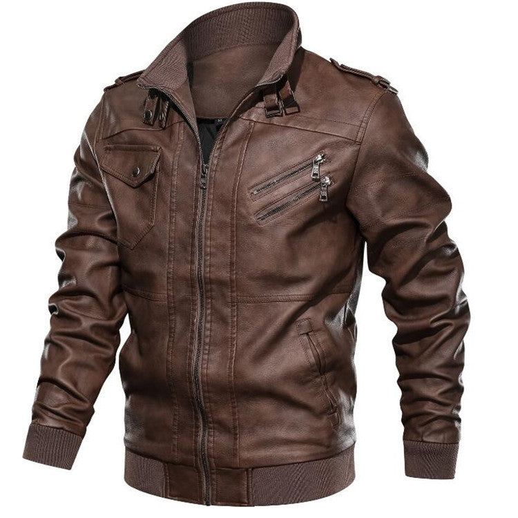 Cute Men's PU Leather Hoodless Jacket Khaki 3XL