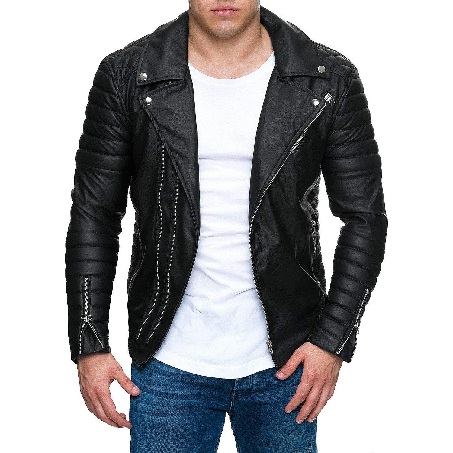 Cute Men's Zippered PU Leather Jacket Black 3XL