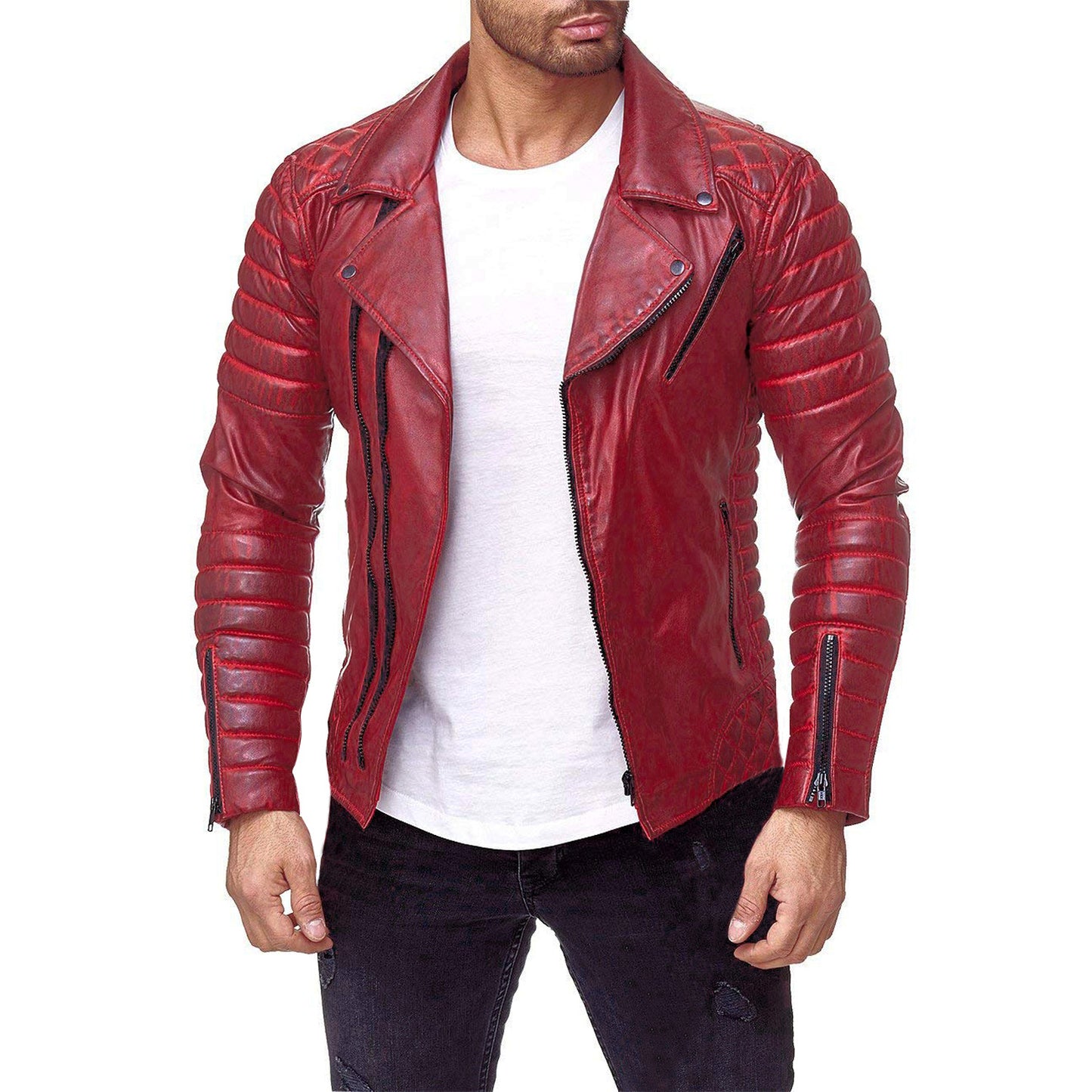 Cute Men's Zippered PU Leather Jacket Red 4XL