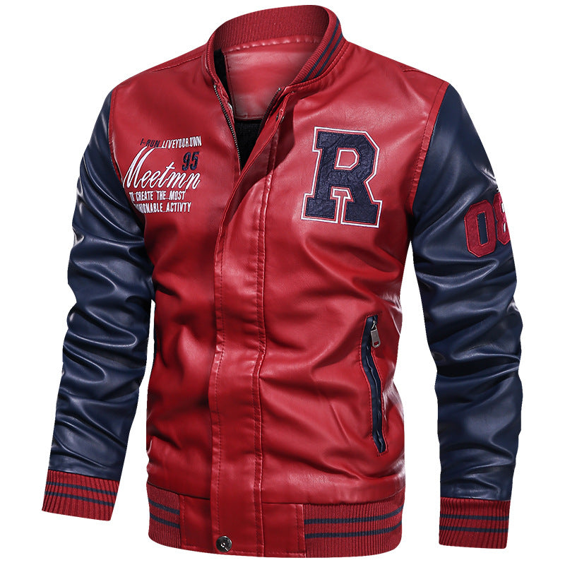 Baseball Jacket Plush PU Leather Men's Motorcycle Jacket Red 3XL