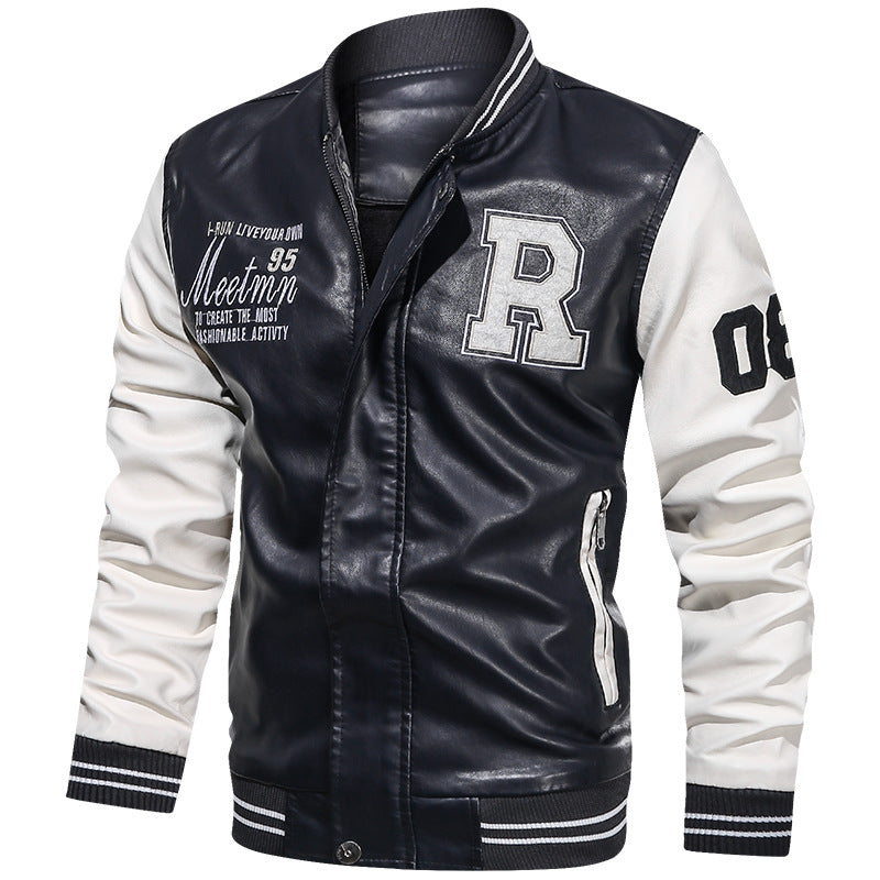 Baseball Jacket Plush PU Leather Men's Motorcycle Jacket White 3XL