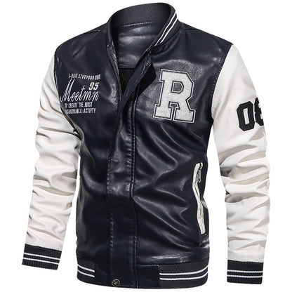 Baseball Jacket Plush PU Leather Men's Motorcycle Jacket White 4XL