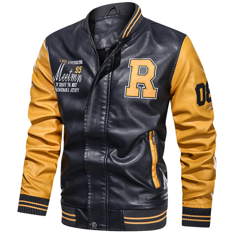 Baseball Jacket Plush PU Leather Men's Motorcycle Jacket Yellow L