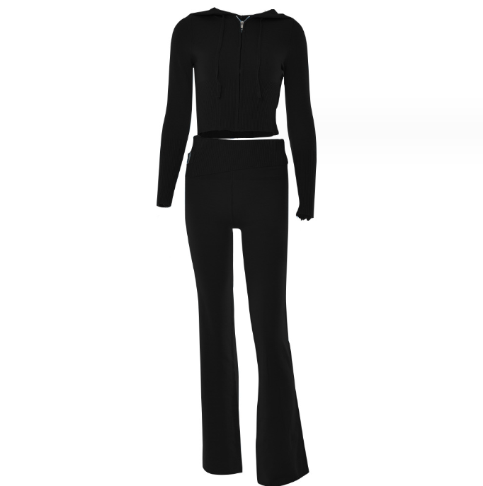 Elegant Women's Leisure Sexy Zip Long Sleeve Sweater And High Waist Long Pants Hoodie Black suit L