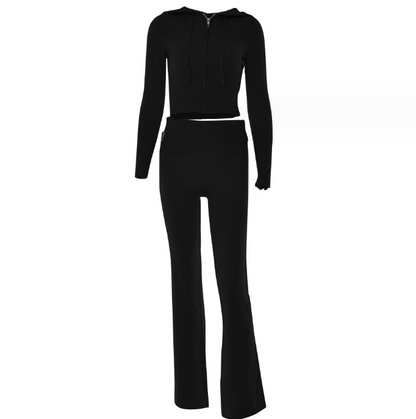 Elegant Women's Leisure Sexy Zip Long Sleeve Sweater And High Waist Long Pants Hoodie Black suit L