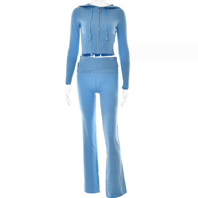 Elegant Women's Leisure Sexy Zip Long Sleeve Sweater And High Waist Long Pants Hoodie Blue suit L