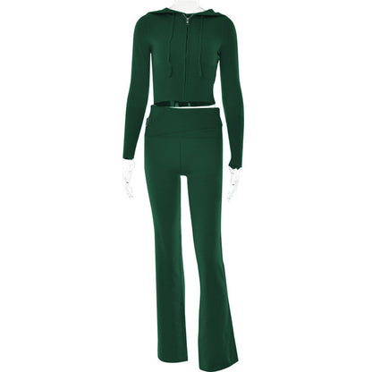 Elegant Women's Leisure Sexy Zip Long Sleeve Sweater And High Waist Long Pants Hoodie Green suit L