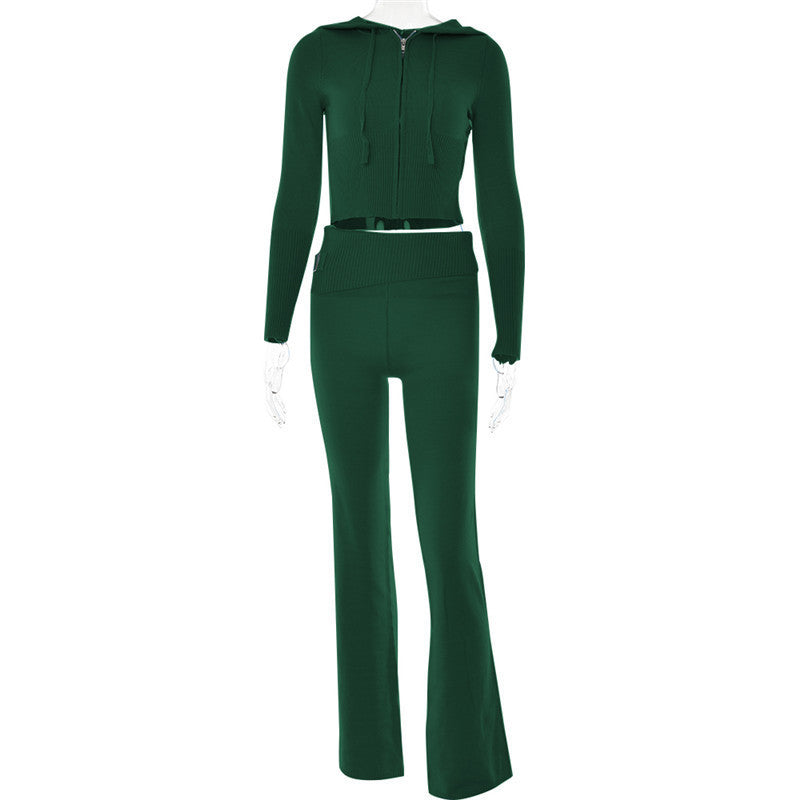 Elegant Women's Leisure Sexy Zip Long Sleeve Sweater And High Waist Long Pants Hoodie Green suit M