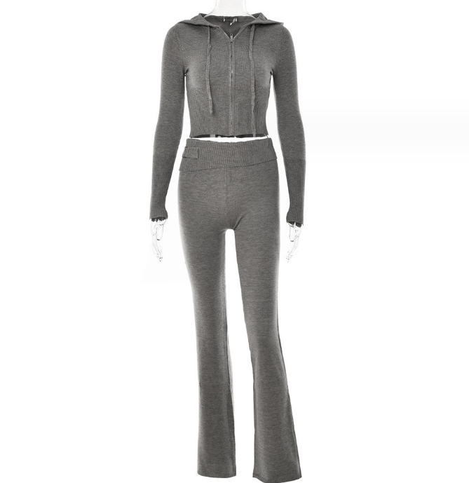 Elegant Women's Leisure Sexy Zip Long Sleeve Sweater And High Waist Long Pants Hoodie Grey suit L