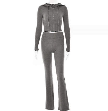 Elegant Women's Leisure Sexy Zip Long Sleeve Sweater And High Waist Long Pants Hoodie Grey suit L