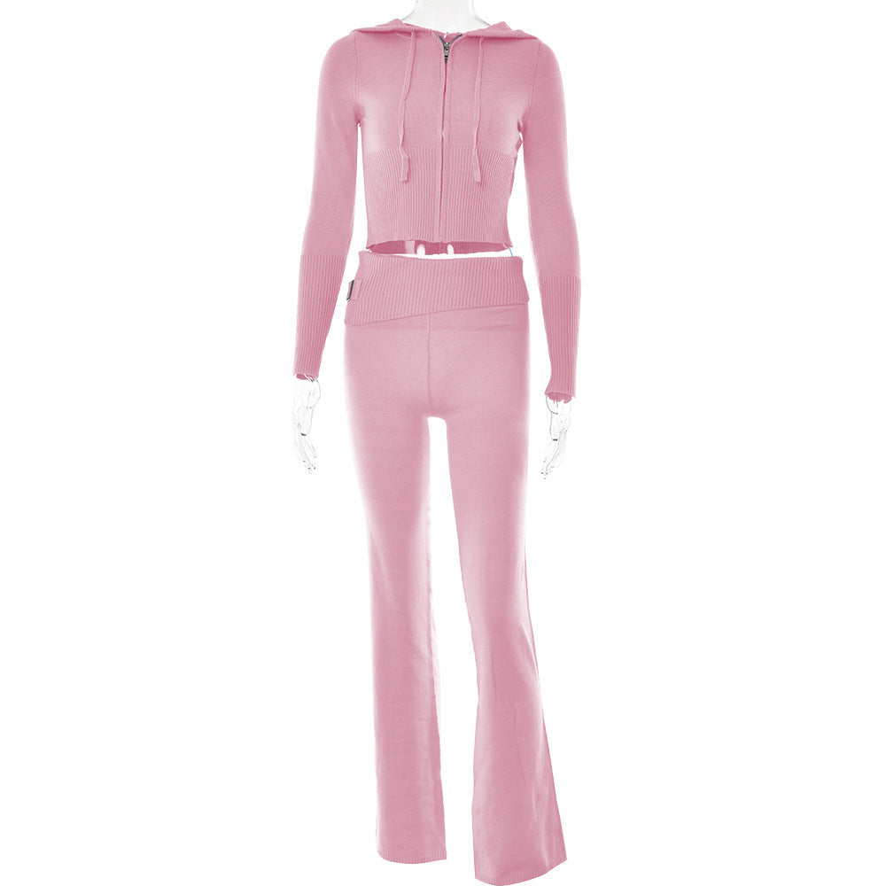 Elegant Women's Leisure Sexy Zip Long Sleeve Sweater And High Waist Long Pants Hoodie Pink suit L