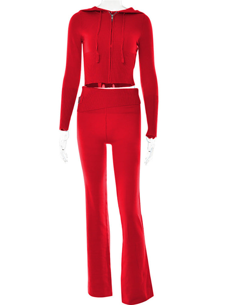 Elegant Women's Leisure Sexy Zip Long Sleeve Sweater And High Waist Long Pants Hoodie Red suit L