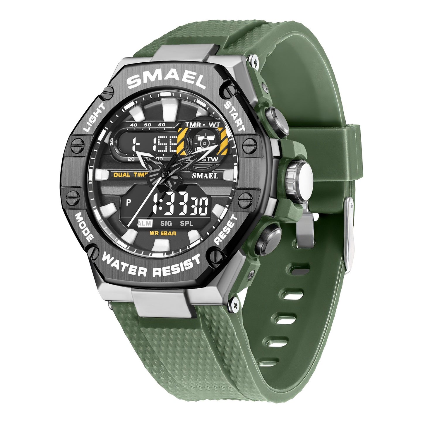 Digital Alloy Electronic Trendy Design SMAEL New Arrival Alarm Mode Sports Hand Clock For Men Analog Digital Display Fashion WatchWatch For Men Army Green