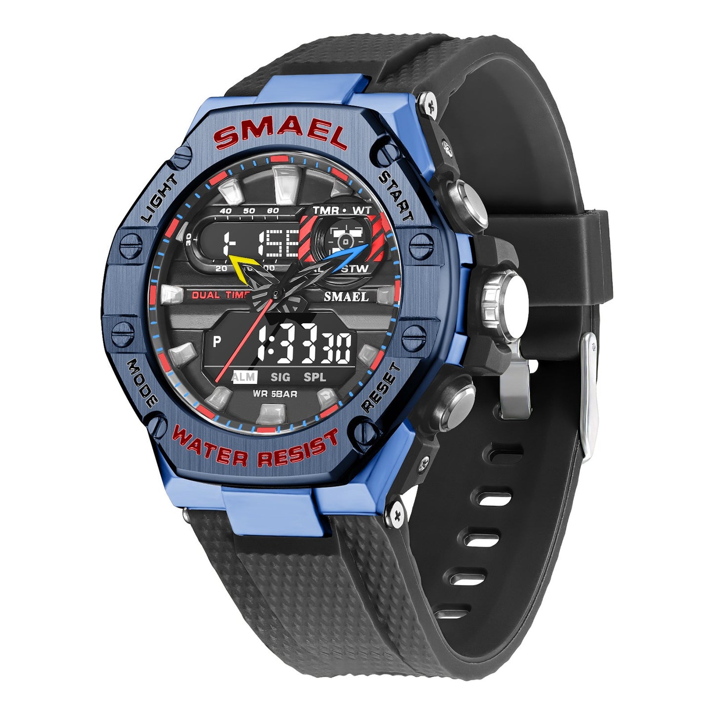 Digital Alloy Electronic Trendy Design SMAEL New Arrival Alarm Mode Sports Hand Clock For Men Analog Digital Display Fashion WatchWatch For Men Steel Blue