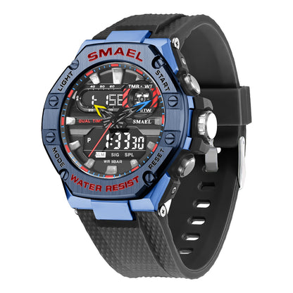 Digital Alloy Electronic Trendy Design SMAEL New Arrival Alarm Mode Sports Hand Clock For Men Analog Digital Display Fashion WatchWatch For Men Steel Blue