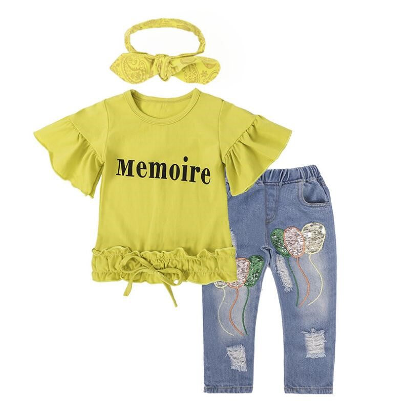 Girl's Clothing Cotton Yellow Letter T-Shirt Jeans Suit Yellow 120cm