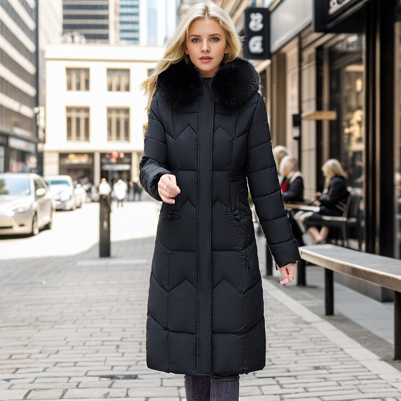 Women's Long Coat With Thickened Fur Collar Straight Slim Cotton-padded Jacket Black 2XL