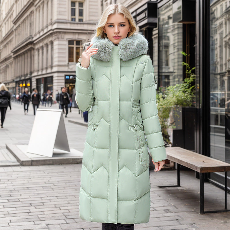 Women's Long Coat With Thickened Fur Collar Straight Slim Cotton-padded Jacket Light Green 2XL