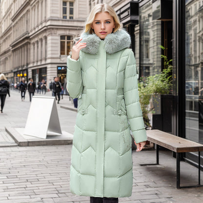 Women's Long Coat With Thickened Fur Collar Straight Slim Cotton-padded Jacket Light Green 2XL